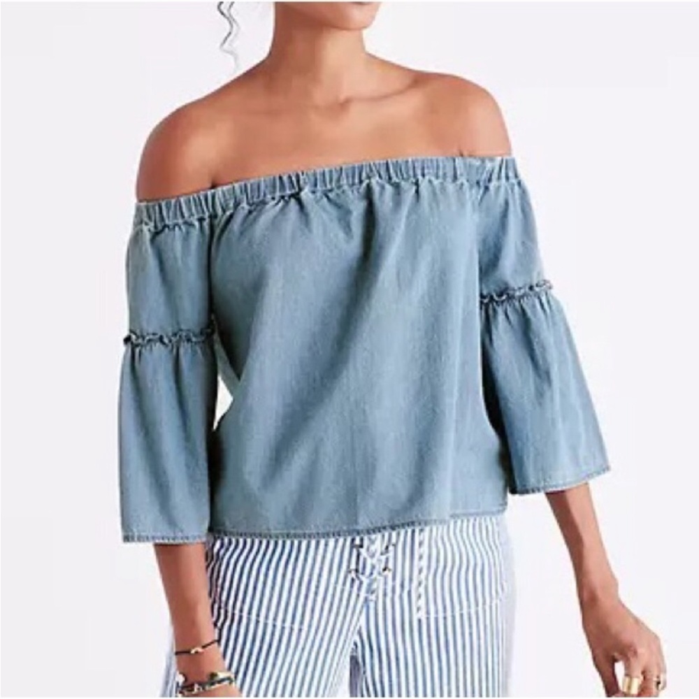 Madewell Denim Azalea Off Shoulder Top Ruffle Chambray Western Cowgirl G5802